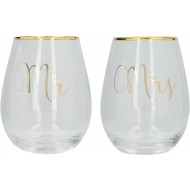 Creative Tops Ava & I 'Mr' and 'Mrs' Decorated Stemless Wine Glasses, 590 ml (Set of 2) Clear/Gold