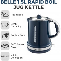 Tower Belle Jug Kettle with Rapid Boil, 1.5 Litre, 3000 W, Midnight Blue
