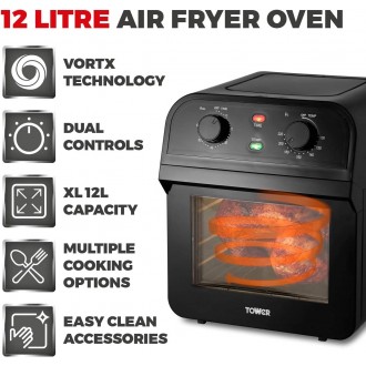 Tower Manual Air Fryer Oven with Rapid Air Circulation and 10 Preset Cooking Options, 12 Litre, Black [Save Upto 50% On Energy Bills]