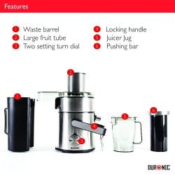 Duronic 1000 Watts Powerful Whole Fruit Centrifugal Power Juicer with Jug + 2.5Liter pulp container - 1 YR Warranty