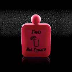 BarCraft Display of Six Neon Pink Stainless Steel "Shots Not Squats!" Hip Flasks