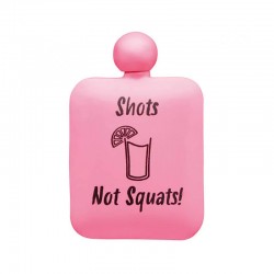 BarCraft Display of Six Neon Pink Stainless Steel "Shots Not Squats!" Hip Flasks