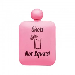 BarCraft Display of Six Neon Pink Stainless Steel "Shots Not Squats!" Hip Flasks