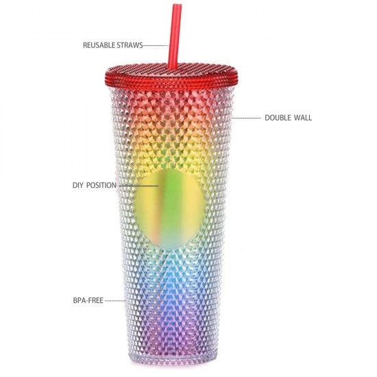 Gleamy Studded Double-Walled Tumbler with Lid and Straw -  Gradient, 710ml