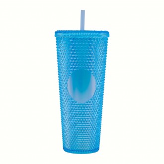 Gleamy Studded Double-Walled Tumbler with  Lid and Straw - Iridescent Blue  