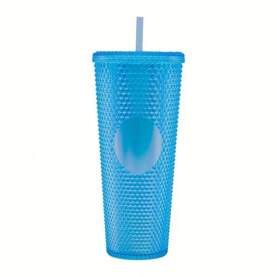 Gleamy Studded Double-Walled Tumbler with  Lid and Straw - Iridescent Blue  