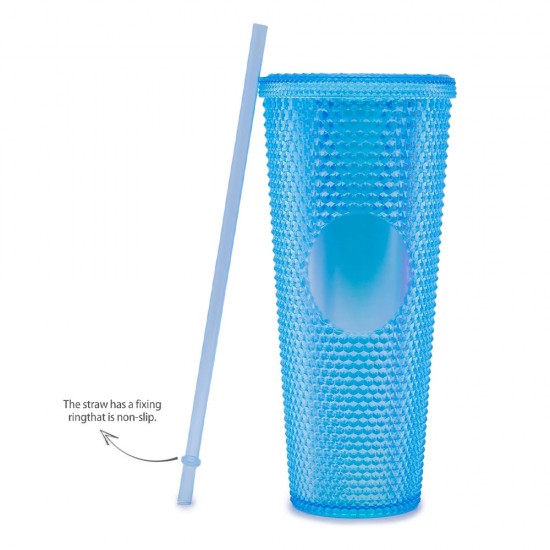 Gleamy Studded Double-Walled Tumbler with  Lid and Straw - Iridescent Blue  