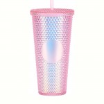 Gleamy Studded Double-Walled Tumbler with Lid and Straw - Iridescent Pink, 710ml