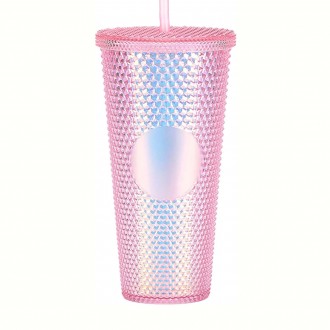 Gleamy Studded Double-Walled Tumbler with Lid and Straw - Iridescent Pink, 710ml