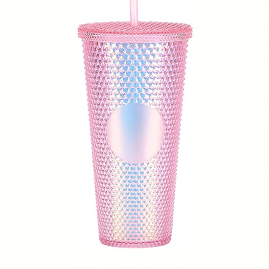 Gleamy Studded Double-Walled Tumbler with Lid and Straw - Iridescent Pink, 710ml