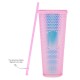 Gleamy Studded Double-Walled Tumbler with Lid and Straw - Iridescent Pink, 710ml