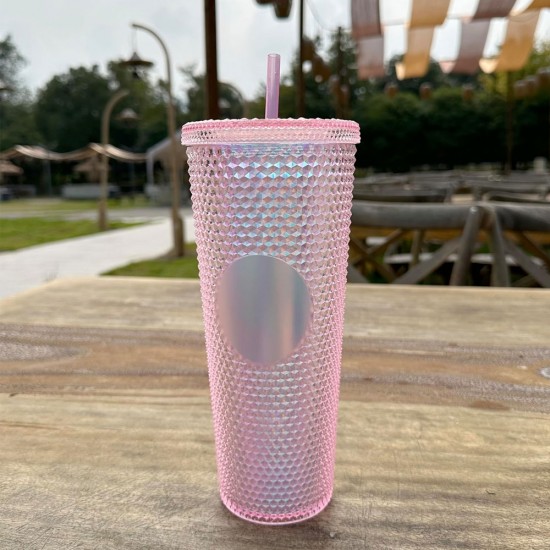 Gleamy Studded Double-Walled Tumbler with Lid and Straw - Iridescent Pink, 710ml