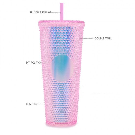 Gleamy Studded Double-Walled Tumbler with Lid and Straw - Iridescent Pink, 710ml