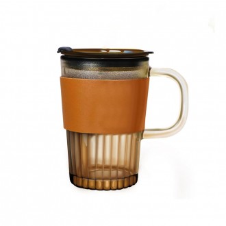Diamond Glass Coffee Sipper Mug with leather grip - Brown