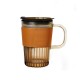 Diamond Glass Coffee Sipper Mug with leather grip - Brown