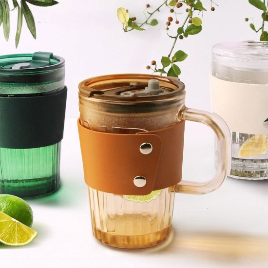 Diamond Glass Coffee Sipper Mug with leather grip - Brown