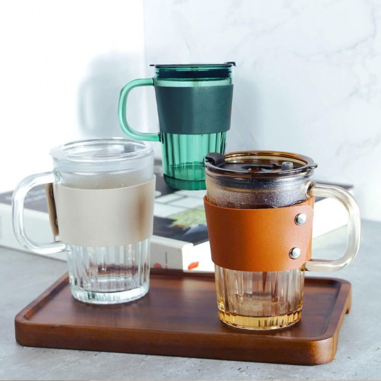 Diamond Glass Coffee Sipper Mug  with leather grip - Green