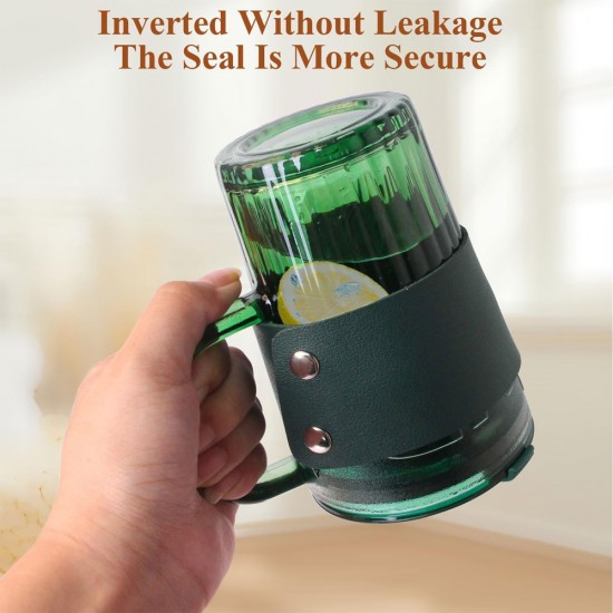 Diamond Glass Coffee Sipper Mug  with leather grip - Green