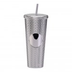 Gleamy Studded Double-Walled Tumbler with  Lid and Straw - Silver, 710 ml