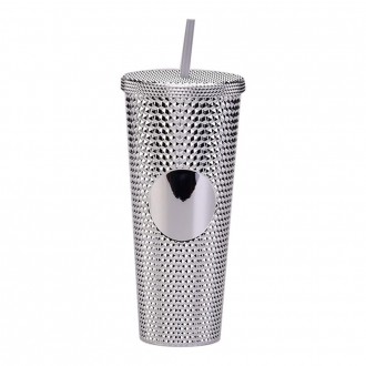Gleamy Studded Double-Walled Tumbler with  Lid and Straw - Silver, 710 ml