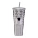 Gleamy Studded Double-Walled Tumbler with  Lid and Straw - Silver, 710 ml