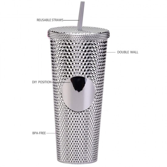 Gleamy Studded Double-Walled Tumbler with  Lid and Straw - Silver, 710 ml