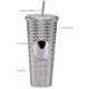 Gleamy Studded Double-Walled Tumbler with  Lid and Straw - Silver, 710 ml