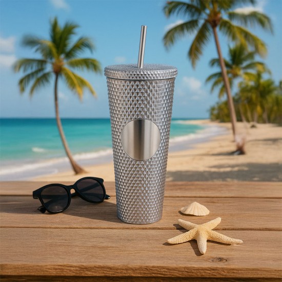 Gleamy Studded Double-Walled Tumbler with  Lid and Straw - Silver, 710 ml