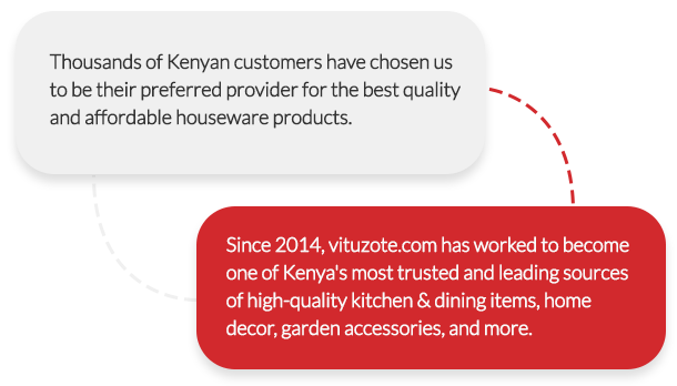Thousands of Kenyan customers have chosen us to be their preferred provider for the best quality and affordable houseware products.  Since 2014, vituzote.com has worked to become one of Kenya's most trusted and leading sources of high-quality kitchen & dining items, home decor, garden accessories, and more.