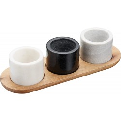 Artesà Dip bowls with Acacia wood tray, 3 Piece Serving Set, Marble, White/Grey/Black