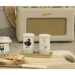 Apple Farm Hand-Finished Ceramic Salt and Pepper Shakers with Wooden Tray (3-Piece Set)