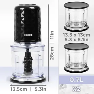 Duronic Mini Chopper Mini Food Processor Black, 500W, Vegetable Mincer Slicer, Baby Food Maker, 2 x Blender Bowl with Lid, Quad Stainless Steel Blades for Vegetable, Meat, Fruit - 500W, Black-1YR Warranty