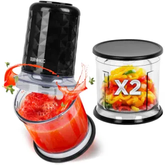 Duronic Mini Chopper Mini Food Processor Black, 500W, Vegetable Mincer Slicer, Baby Food Maker, 2 x Blender Bowl with Lid, Quad Stainless Steel Blades for Vegetable, Meat, Fruit - 500W, Black-1YR Warranty