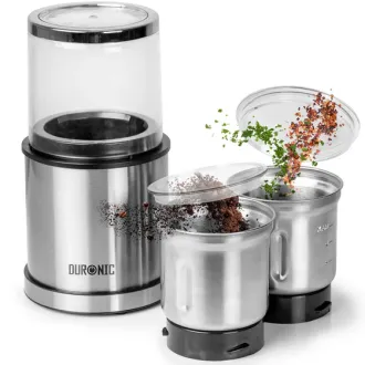 Duronic Electric Coffee Grinder Spice Mill with 2 in1 Wet & Dry Stainless Steel Cups 200W Grinder for Spices 200W Grinding Mini Hopper for Coffee Beans, Herbs, Nuts - 1Year Warranty