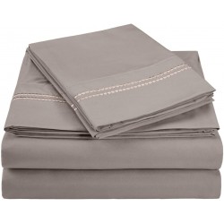 Luxor Microfiber Wrinkle Resistant and Breathable, Solid 2-Line Embroidery, Deep Pocket, Queen Bed Sheet Set, Silver - Gift Boxed