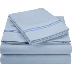 Luxor Microfiber Wrinkle Resistant and Breathable, Solid 2-Line Embroidery, Deep Pocket, California King Bed Sheet Set - Light Blue - Gift Boxed