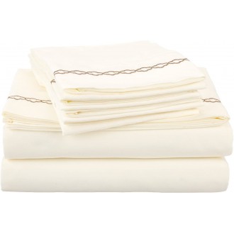 Luxor Super Soft Light Weight, Cloud-Embroidered Microfiber Sheet Set, Wrinkle Resistant, Deep Pocket for Twin /Single Bed, Ivory with Taupe Embroidery in Gift Box
