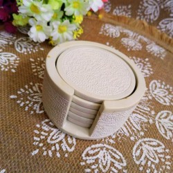 Undugu Etched Natural Handcrafted SoapStone Coasters + Holder, Set of 6 