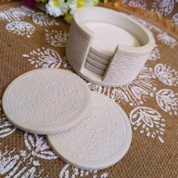 Undugu Etched Natural Handcrafted SoapStone Coasters + Holder, Set of 6 