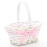 Rainbow Oval Planting Basket with Gingham Ribbon Bow and Wooden Handle White/Pink, 25cm