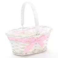 Rainbow Oval Planting Basket with Gingham Ribbon Bow and Wooden Handle White/Pink, 25cm