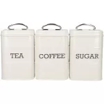 Living Nostalgia Tea/Coffee/Sugar Canisters in Gift Box, Steel, Antique Cream