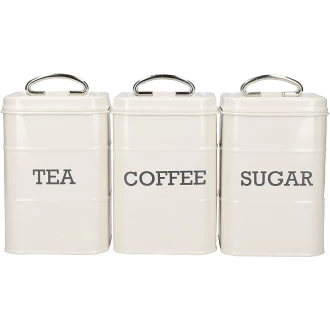 Living Nostalgia Tea/Coffee/Sugar Canisters in Gift Box, Steel, Antique Cream