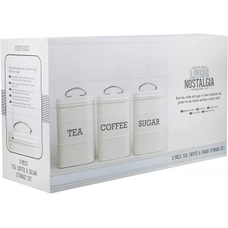 Living Nostalgia Tea/Coffee/Sugar Canisters in Gift Box, Steel, Antique Cream