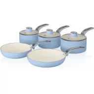 Swan Retro Pan Set with Easy Clean Non-Stick Ceramic Coating, Aluminium, Blue, 5 Piece