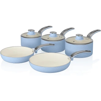 Swan Retro Pan Set with Easy Clean Non-Stick Ceramic Coating, Aluminium, Blue, 5 Piece