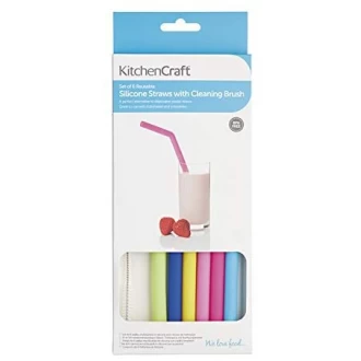 Kitchen Craft Set of Six Silicone Reusable Straws with Cleaning Brush