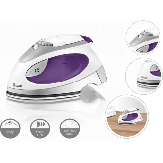 Swan Compact Fast Heat up Steam Travel Iron with Pouch and Beaker, Variable Temperature Control, 900W, Purple