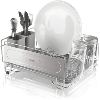 Swan Dish Rack, Rust Resistant Dish Drainer with Anti Slip Feet and Drip Tray, Chrome