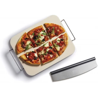 World of Flavours Italian Large Rectangular Ceramic Pizza Stone & Cutter